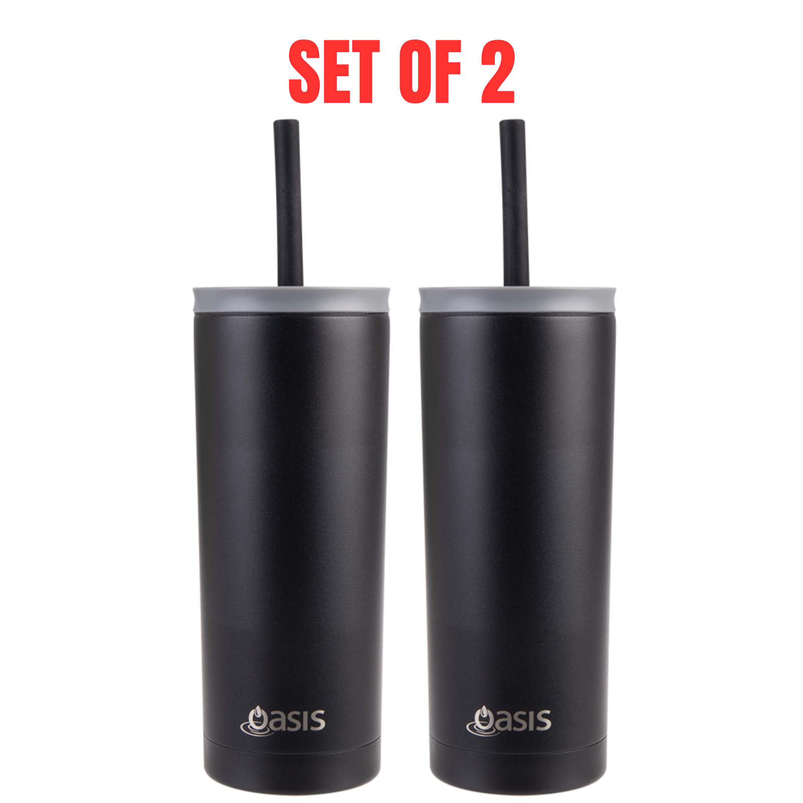 2x Oasis Super Sipper Insulated Tumbler w/ Silicone Head Straw 600ml Mug - Black