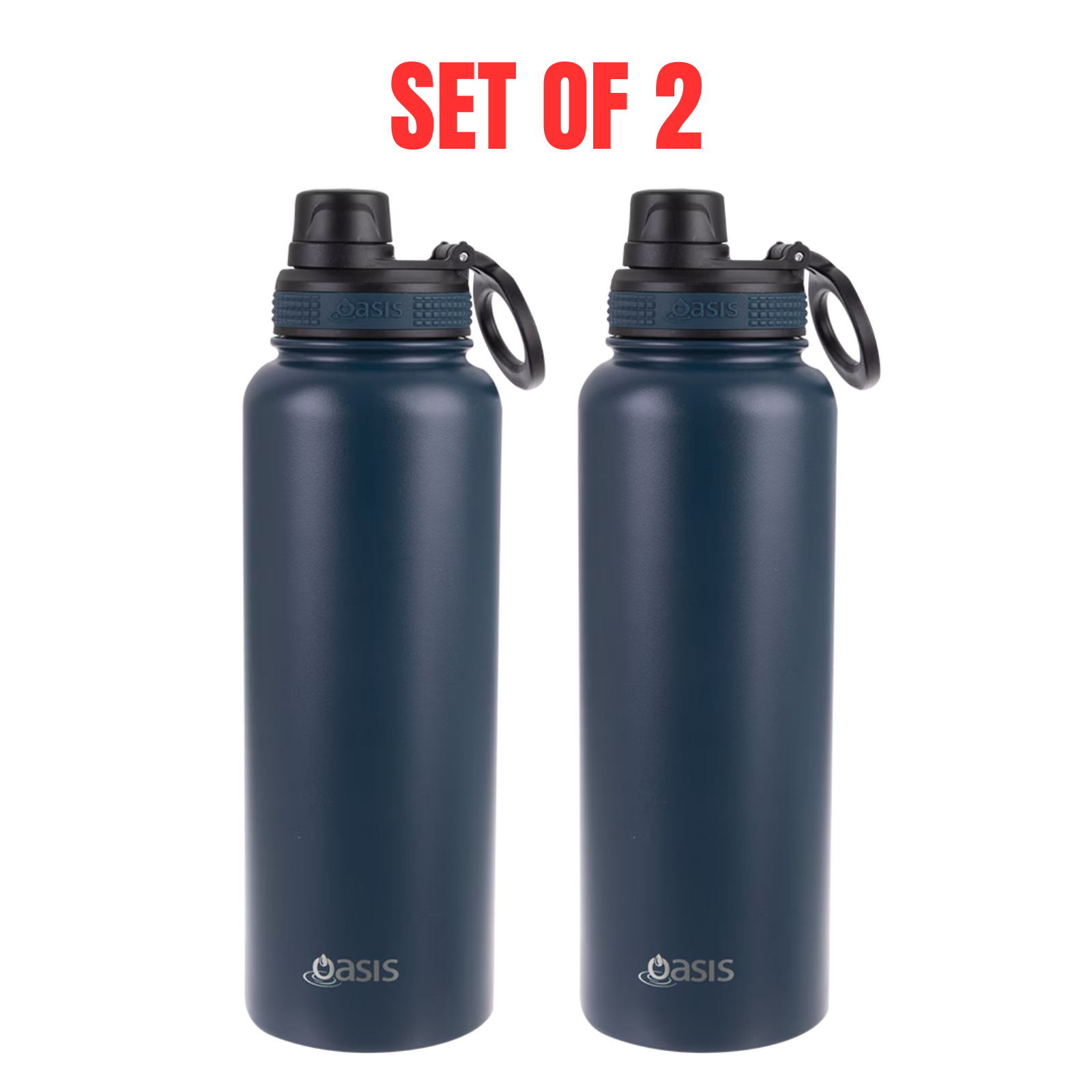 2 x Oasis 1.1L Stainless Steel Insulated Sports Bottle with Screw Cap - Navy