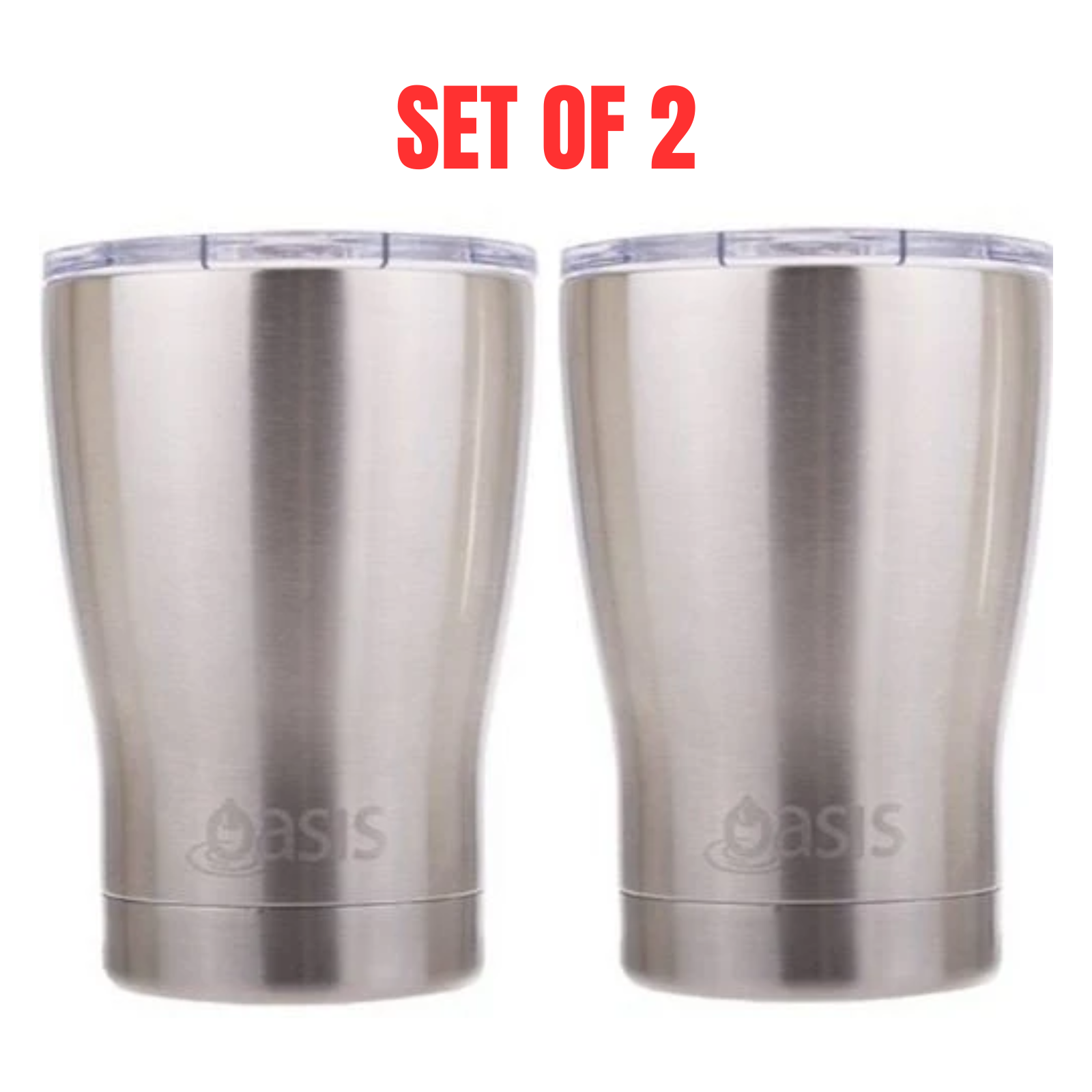 2 X Insulated Travel Double Wall Cup With Lid Stainless Steel Oasis 340ml Silver