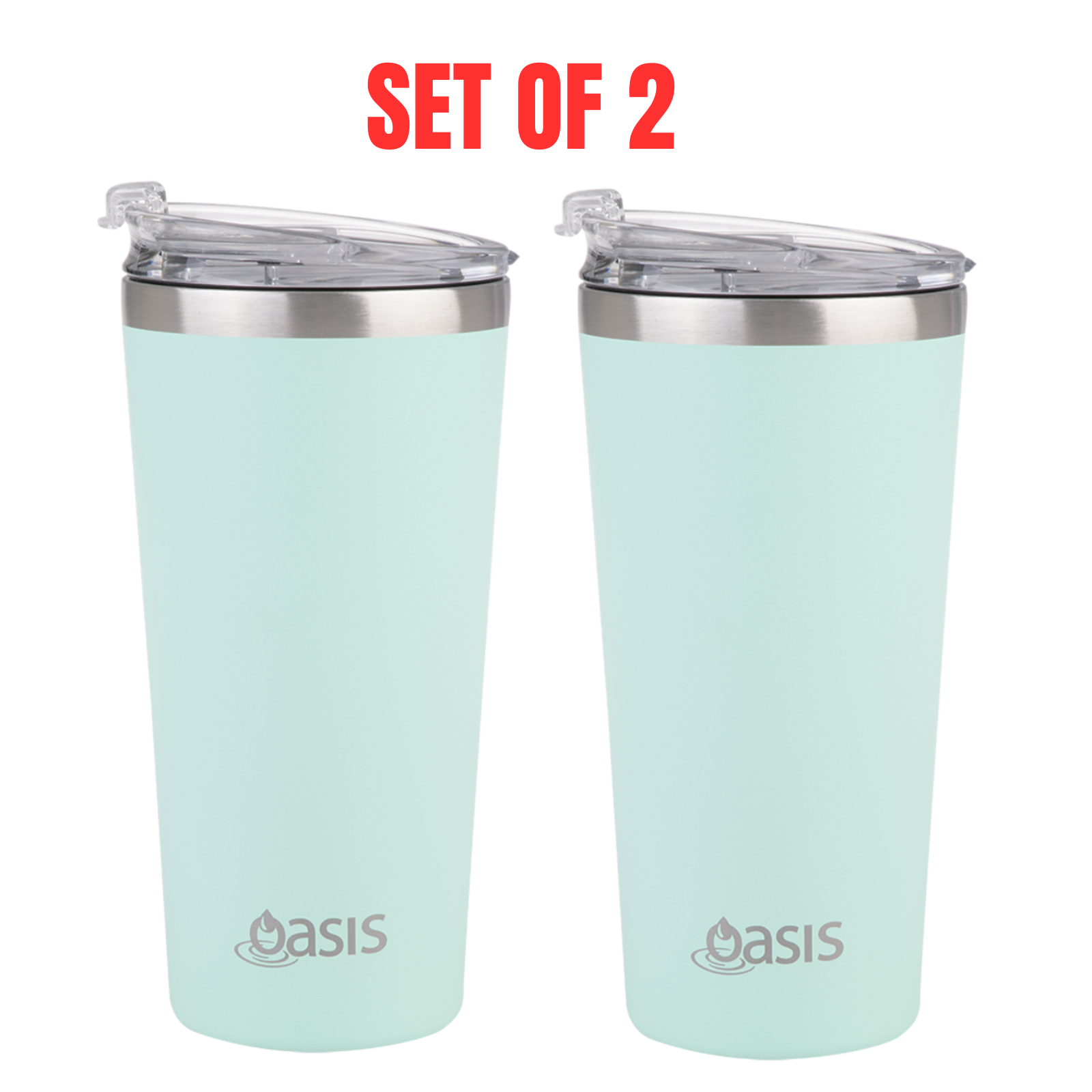 2 X Oasis Insulated Travel Double Wall Mug 480ml With Lid Coffee Cup - Mint