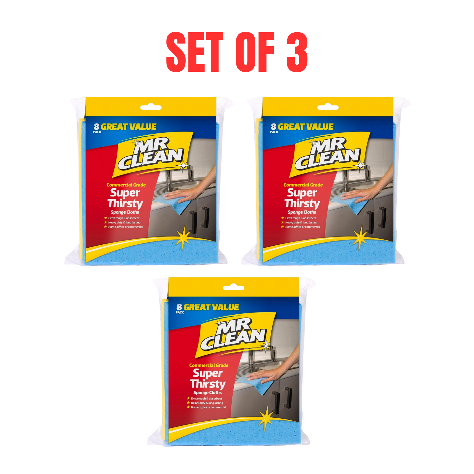 3x Mr Clean Super Soaks Cleaning Cloth Heavy Duty Cellulose Sponge Cloths 8 Pack