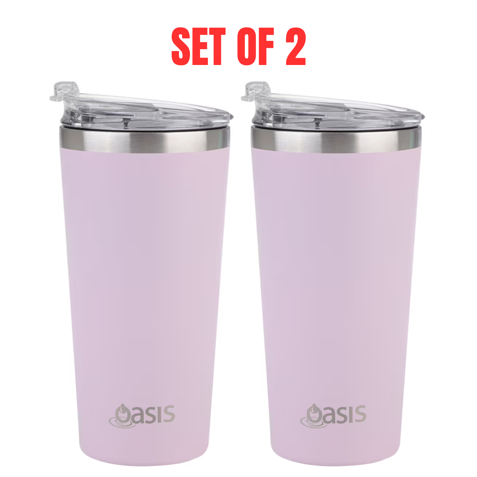 2 X Oasis Insulated Travel Double Wall Mug 480ml W/ Lid Coffee Cup - Carnation
