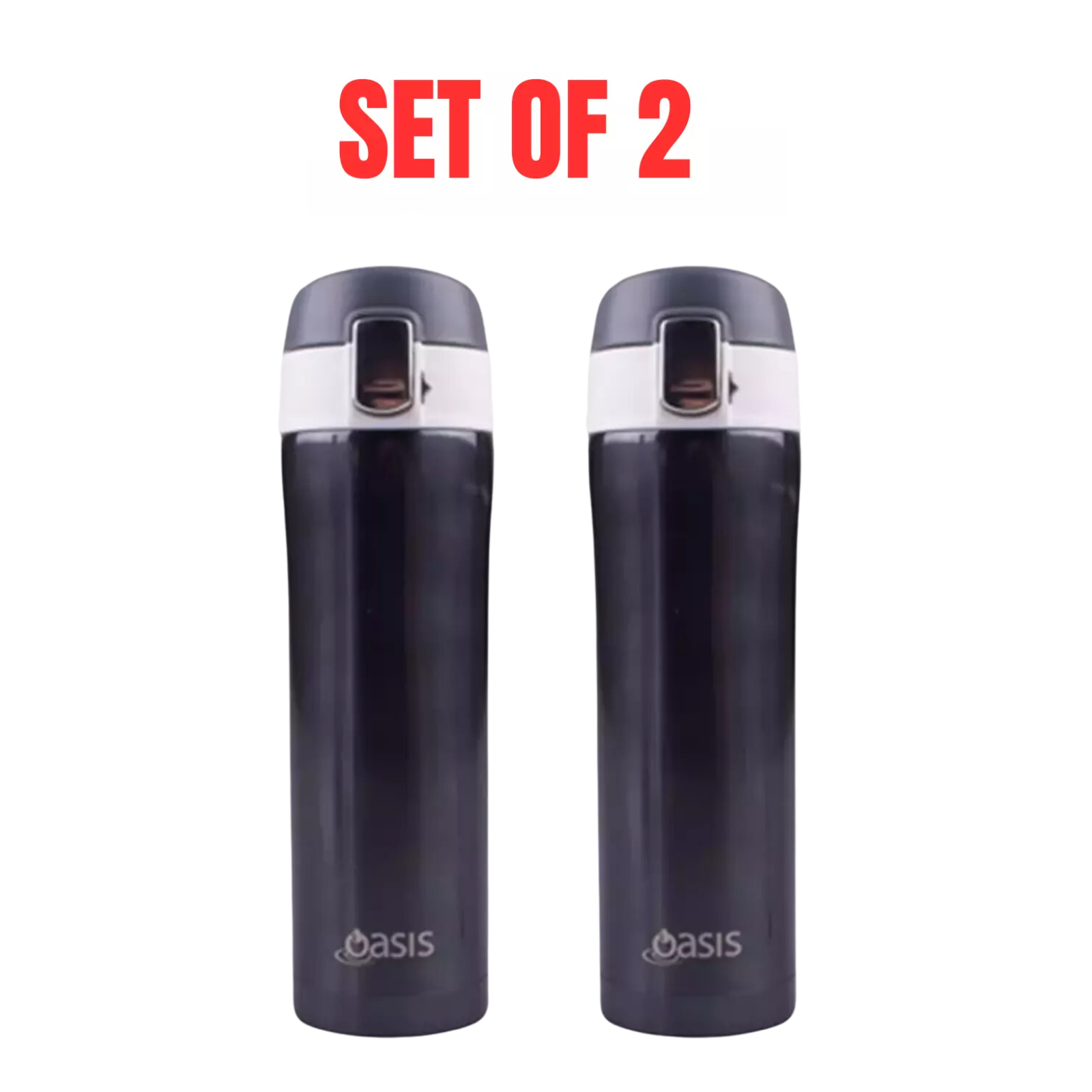 2x Oasis Stainless Steel Flip-Top Travel Flask Bottle 450ml - Gunmetal