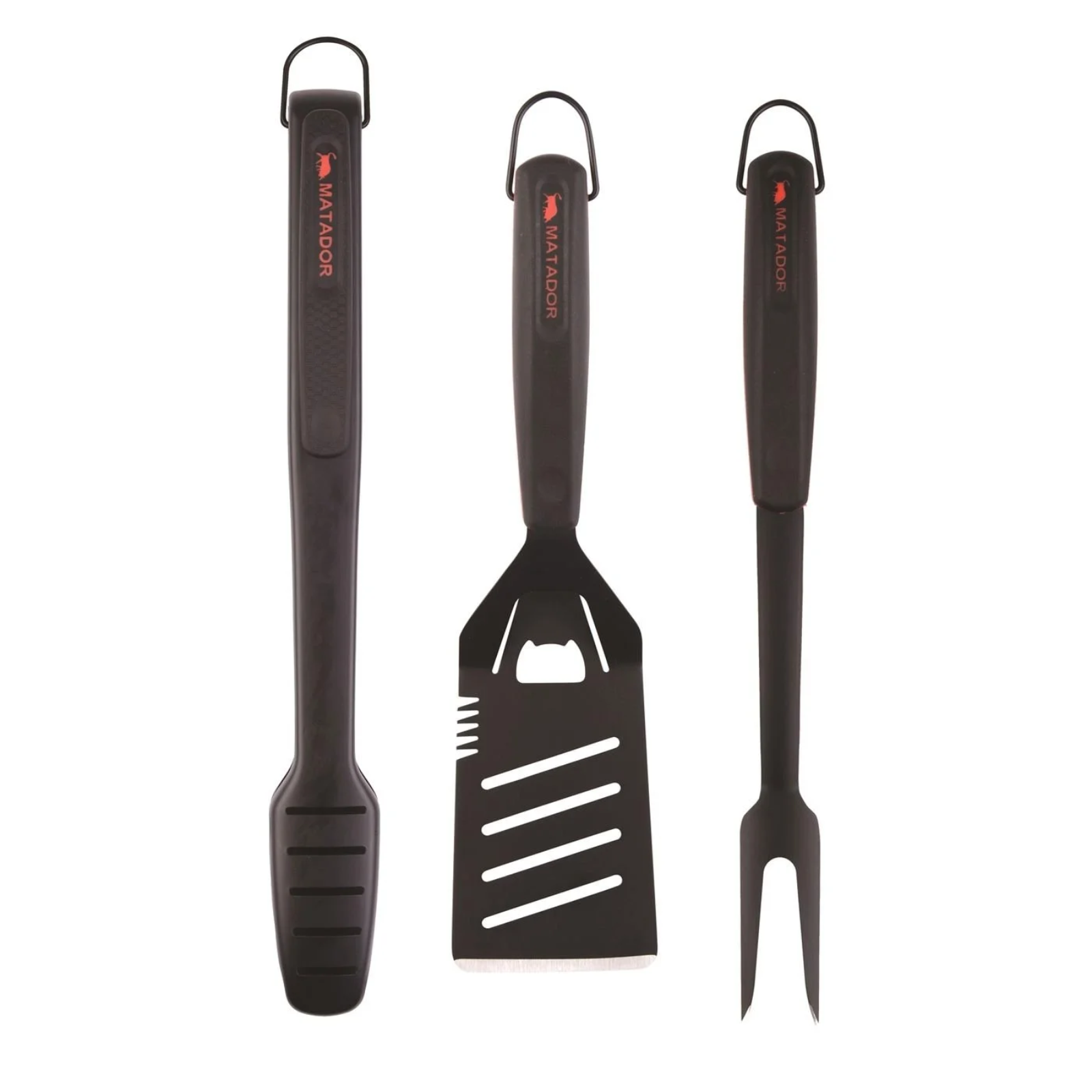 BBQ Stainless Steel Non-Stick Tool Matador Grilling Tongs, Spatula, Fork - Black