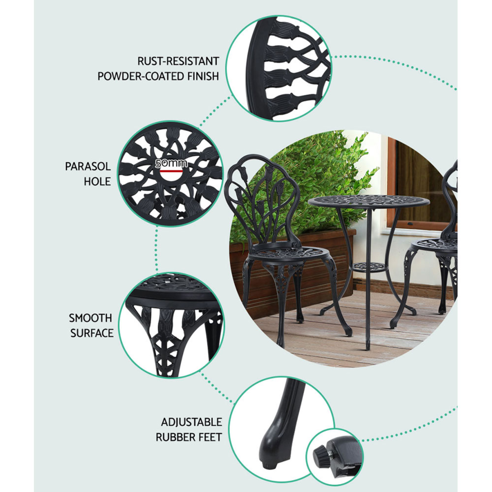 Gardeon 3 Piece Outdoor Setting Bistro Table & Chairs Patio Cast Aluminium Black