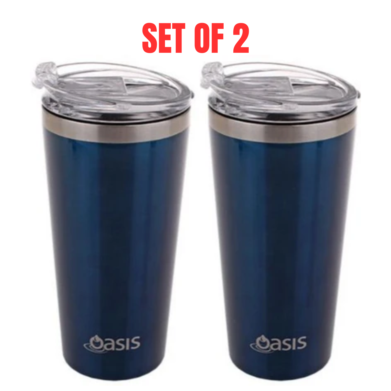 2 X Oasis Insulated Travel Double Wall Mug 480ml With Lid Coffee Cup - Navy