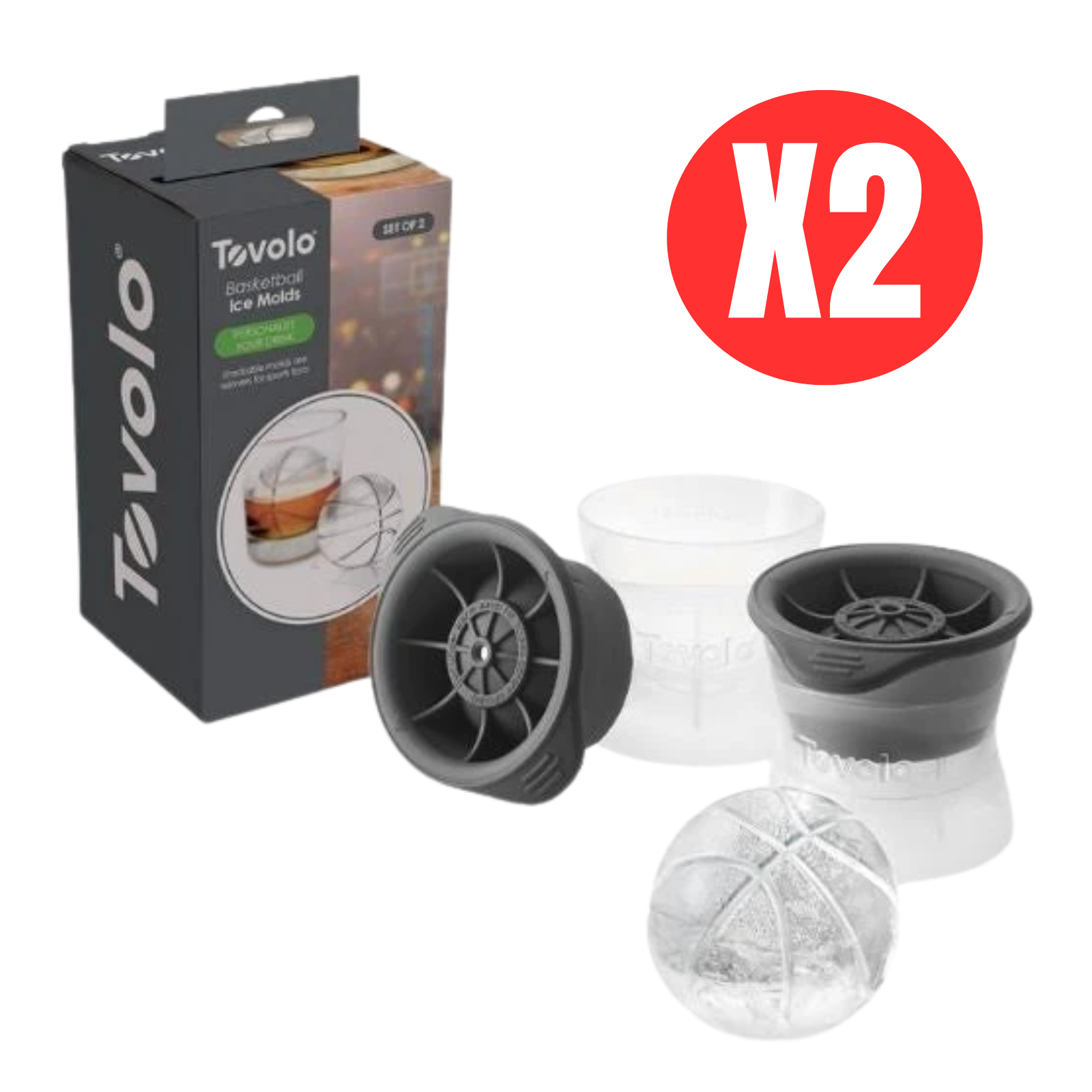 2 x Tovolo Ice Moulds Basketball-Shaped Ice Molds Silicone Ball Cubes - Charcoal