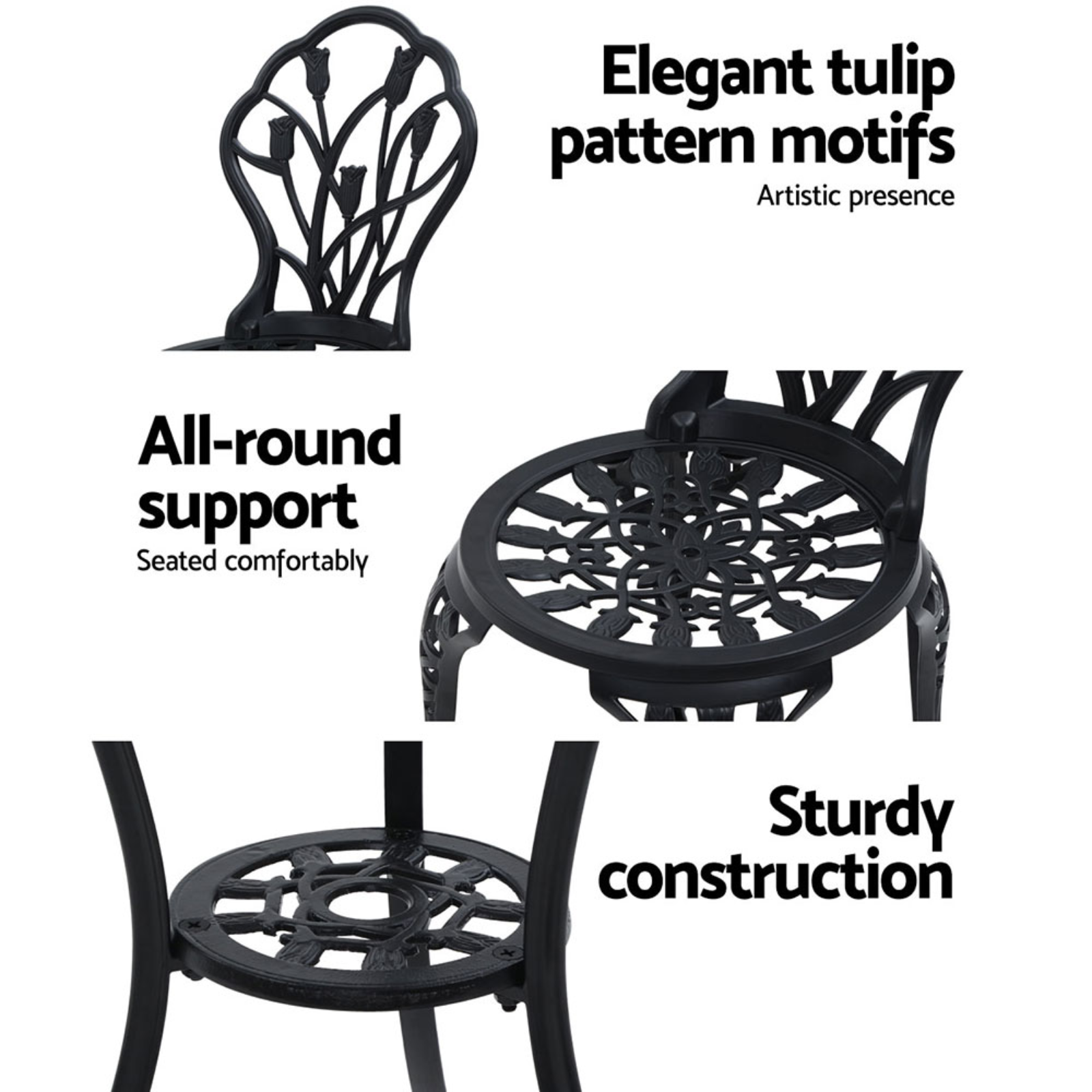 Gardeon 3 Piece Outdoor Setting Bistro Table & Chairs Patio Cast Aluminium Black