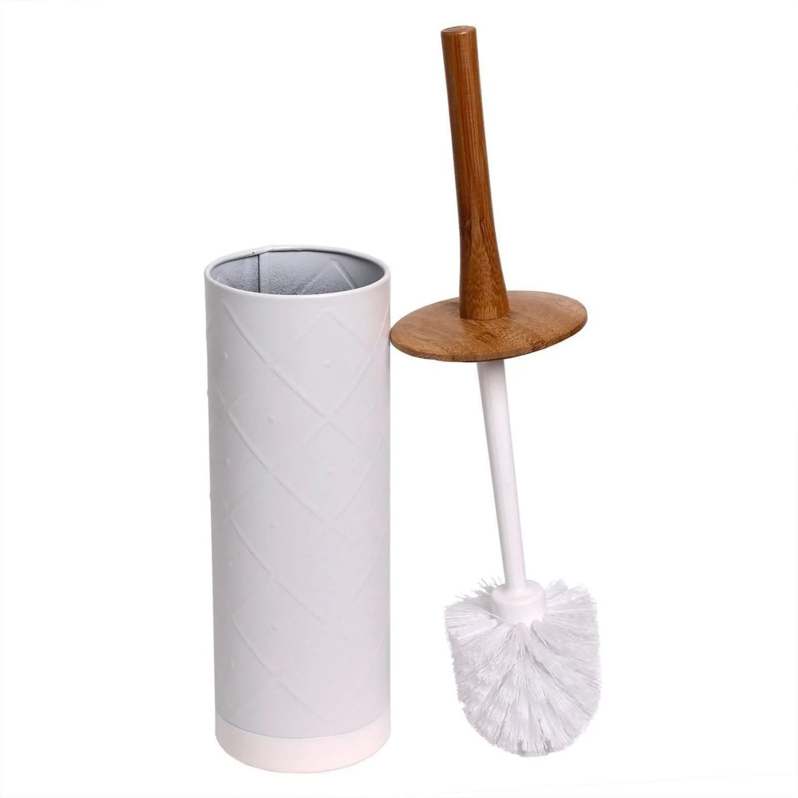 Bathroom Toilet Brush & Holder With Bamboo Handle Cleaning Bowl Tool Set - White