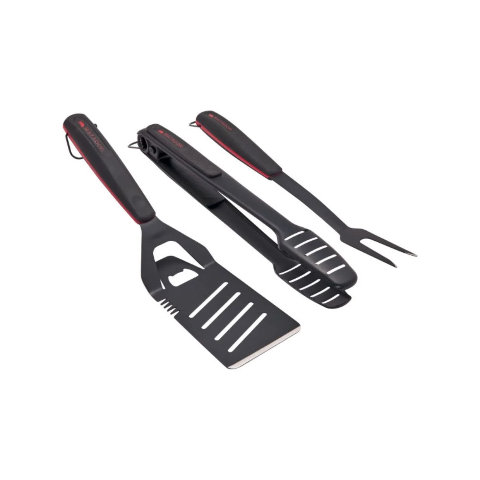 BBQ Stainless Steel Non-Stick Tool Matador Grilling Tongs, Spatula, Fork - Black