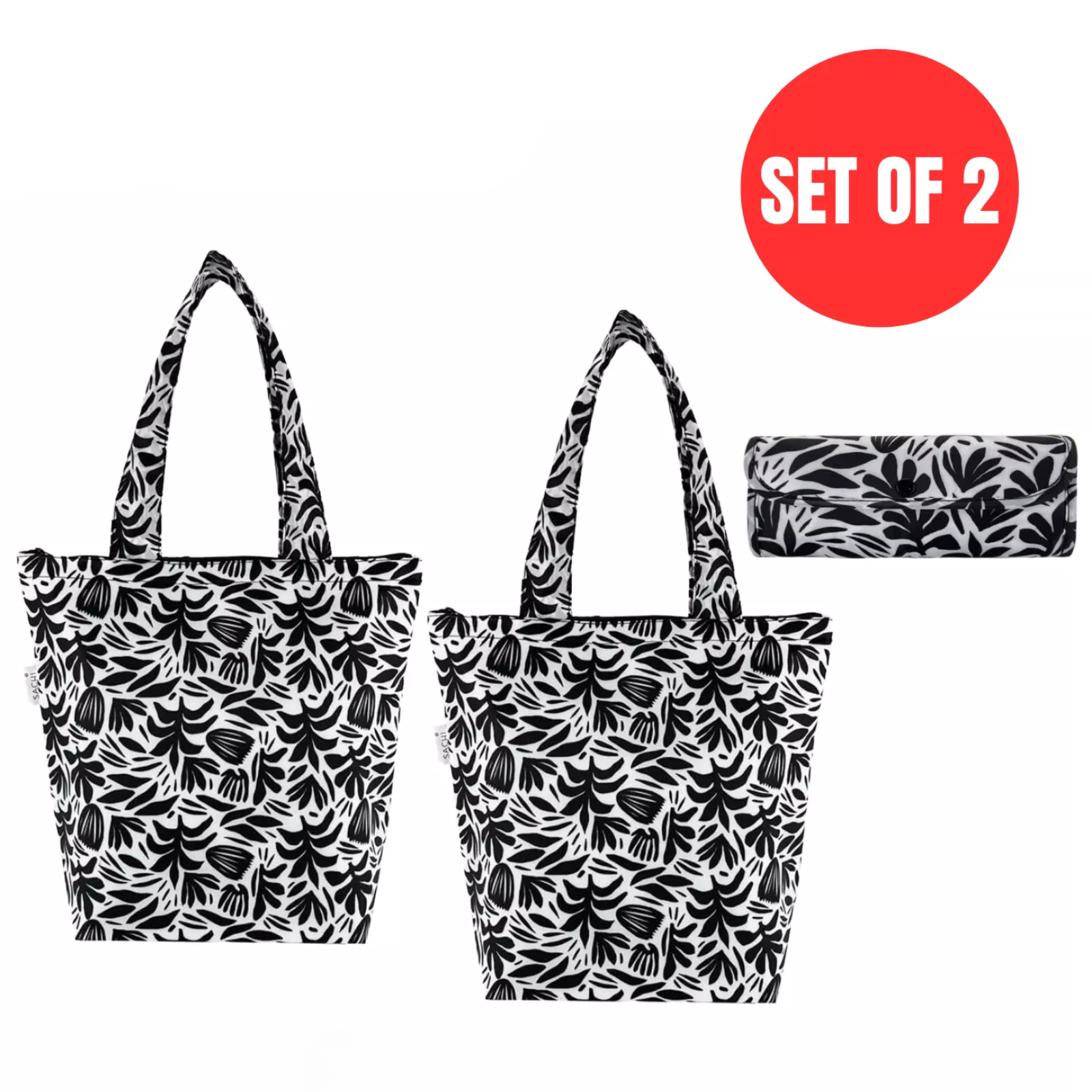2x Sachi Insulated Market Tote – Eco-Friendly & Durable Monochrome Blooms Print