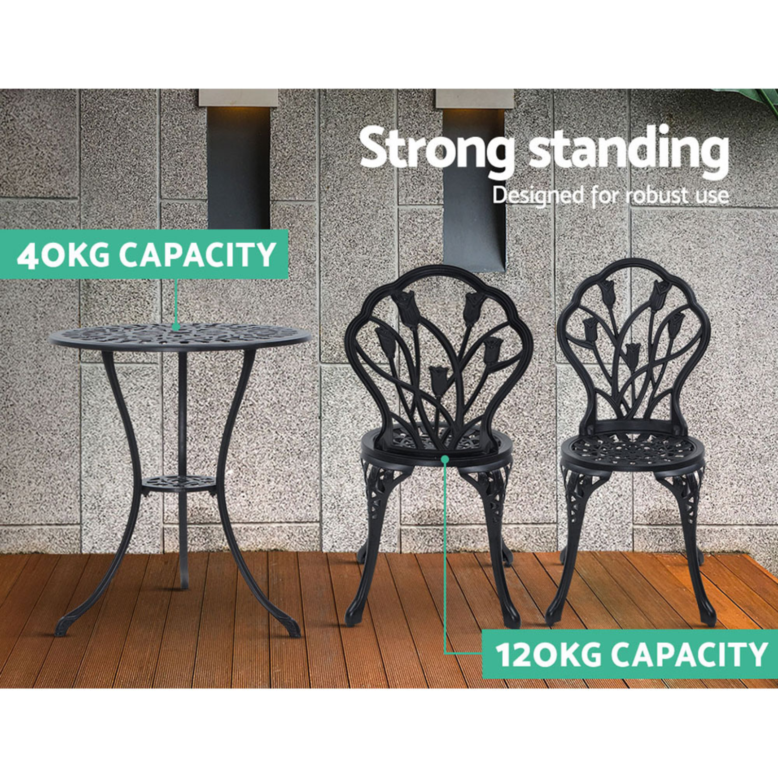 Gardeon 3 Piece Outdoor Setting Bistro Table & Chairs Patio Cast Aluminium Black