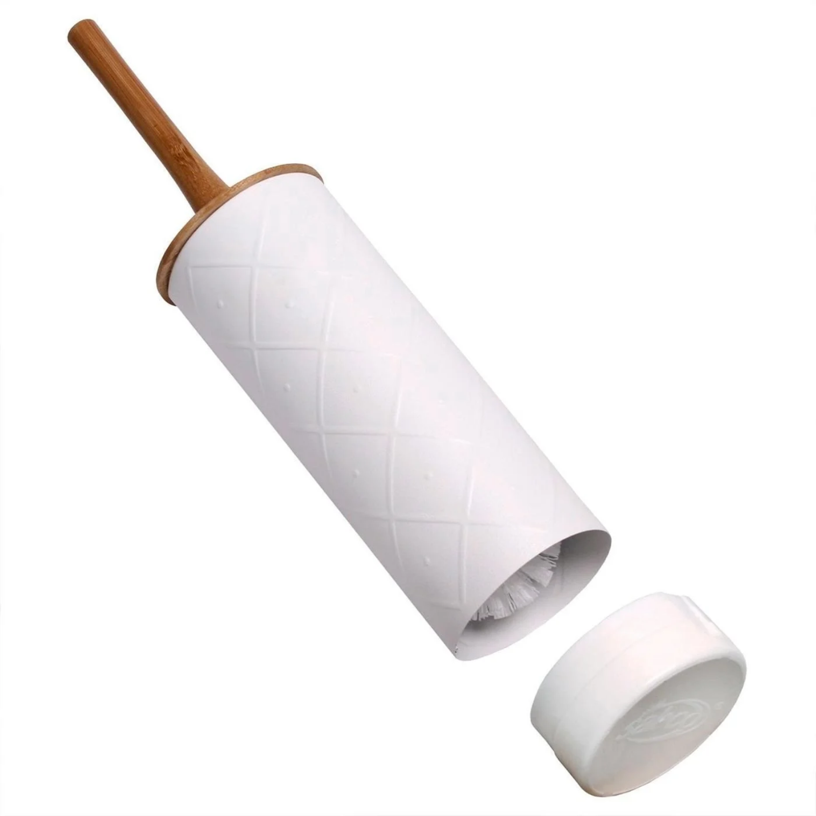 Bathroom Toilet Brush & Holder With Bamboo Handle Cleaning Bowl Tool Set - White