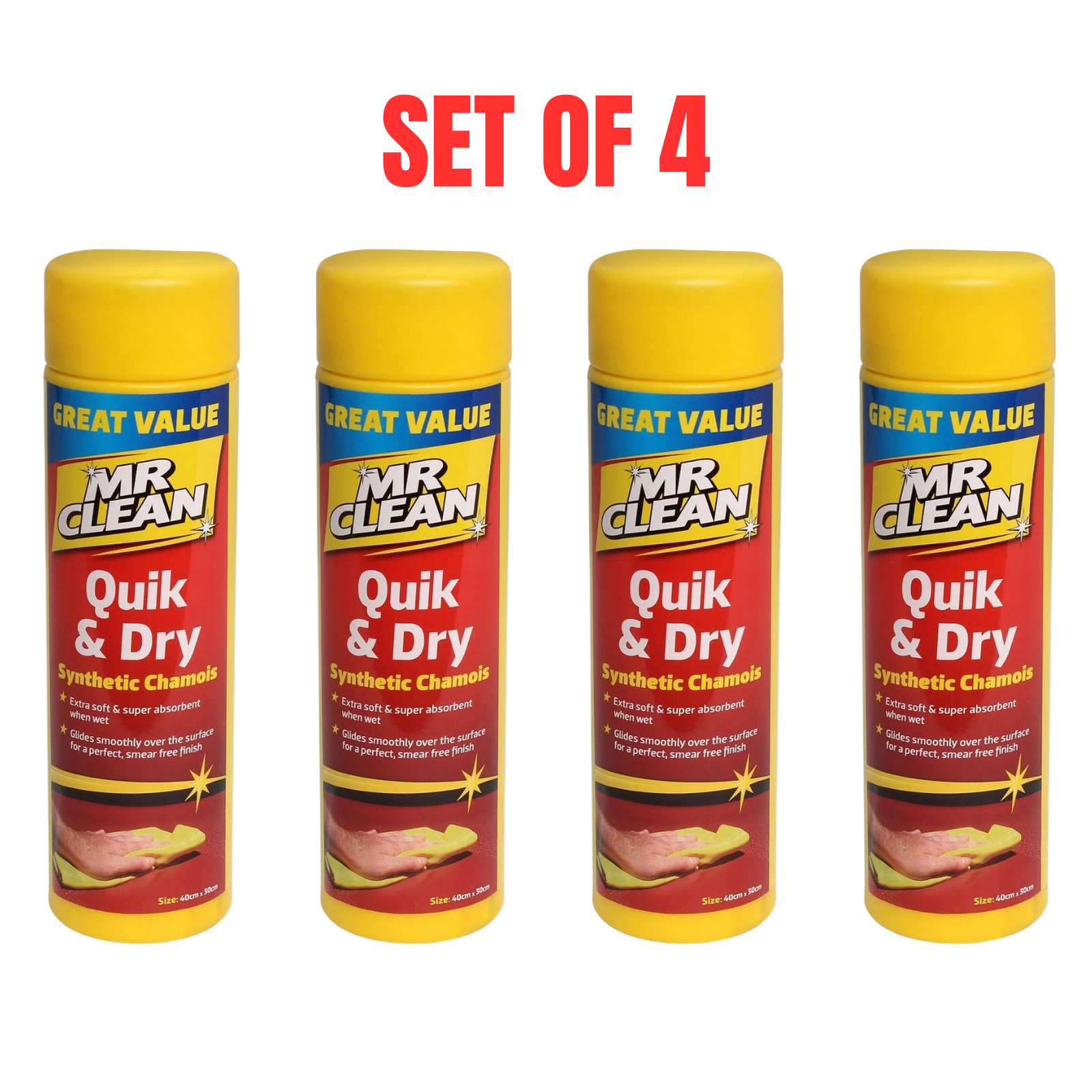 4x Mr Clean Quik And Dry Synthetic Car Chamois 40x40cm, Car Cleaning Cloth Towel