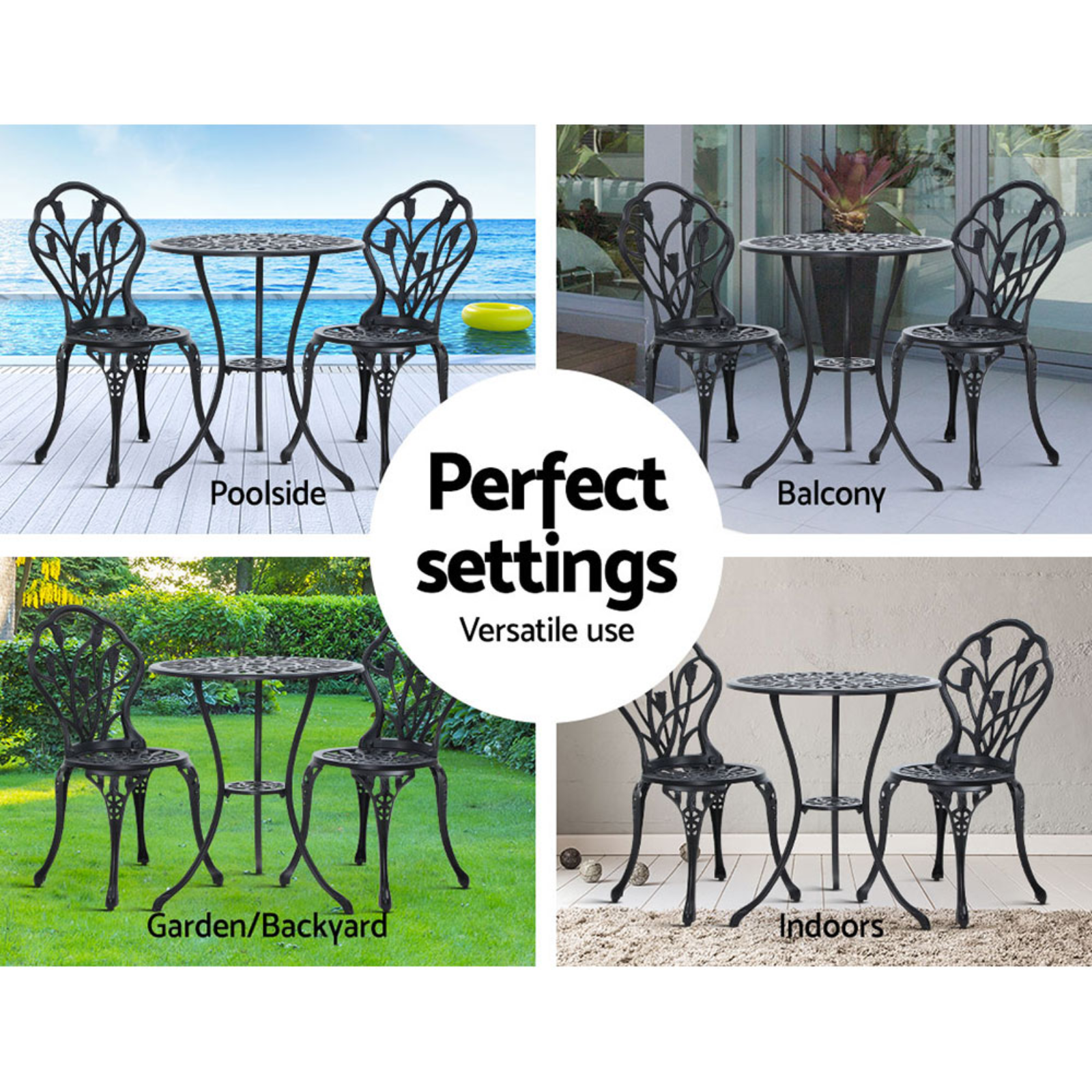 Gardeon 3 Piece Outdoor Setting Bistro Table & Chairs Patio Cast Aluminium Black