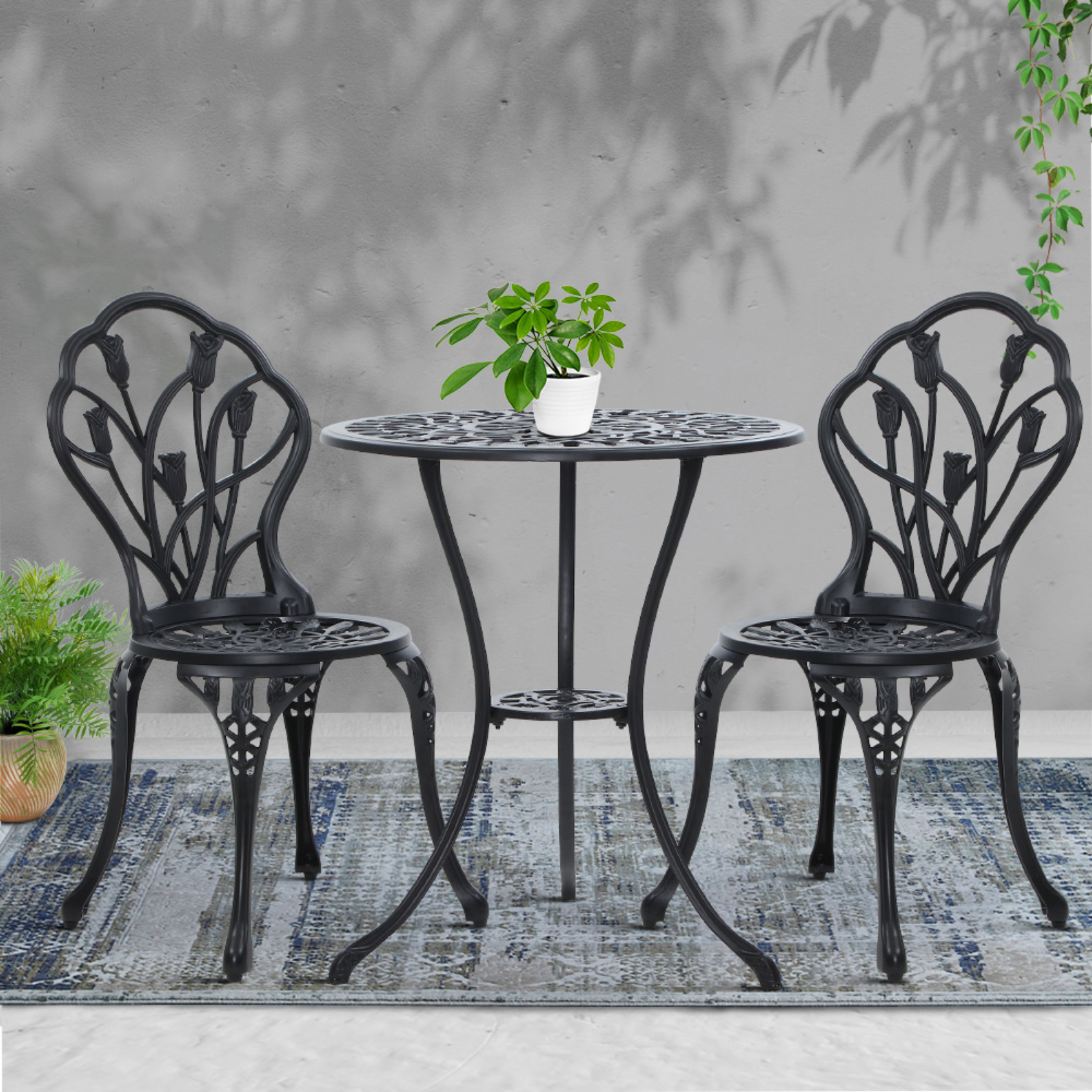 Gardeon 3 Piece Outdoor Setting Bistro Table & Chairs Patio Cast Aluminium Black