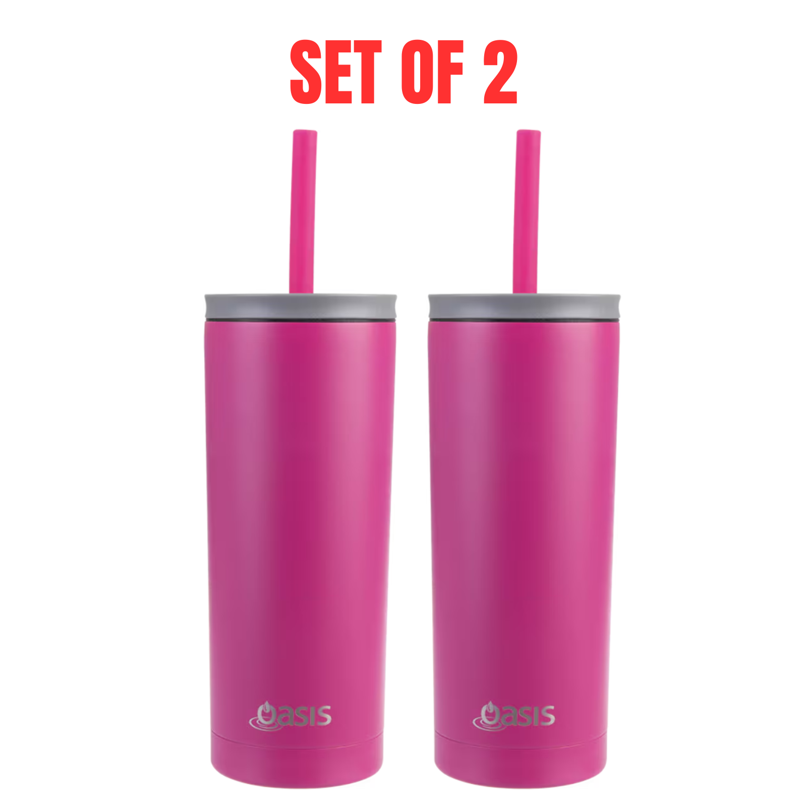2x Oasis Super Sipper Insulated Tumbler w/ Silicone Head Straw 600ml Mug Fuchsia