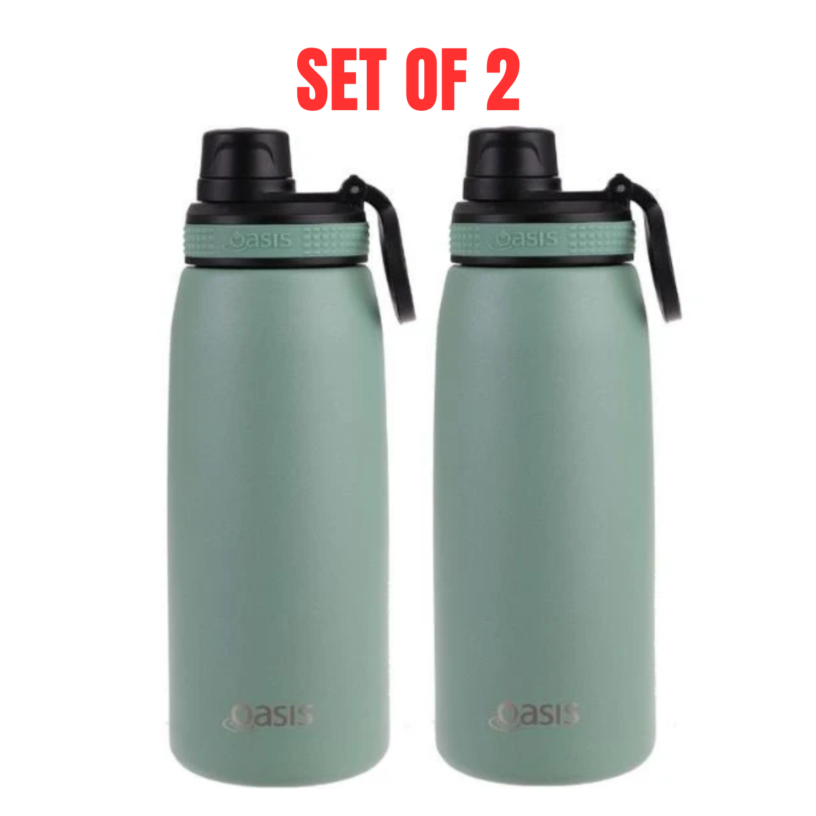 2 x Oasis Stainless Steel Insulated Sports Bottle Screw Cap 780ml - Sage Green