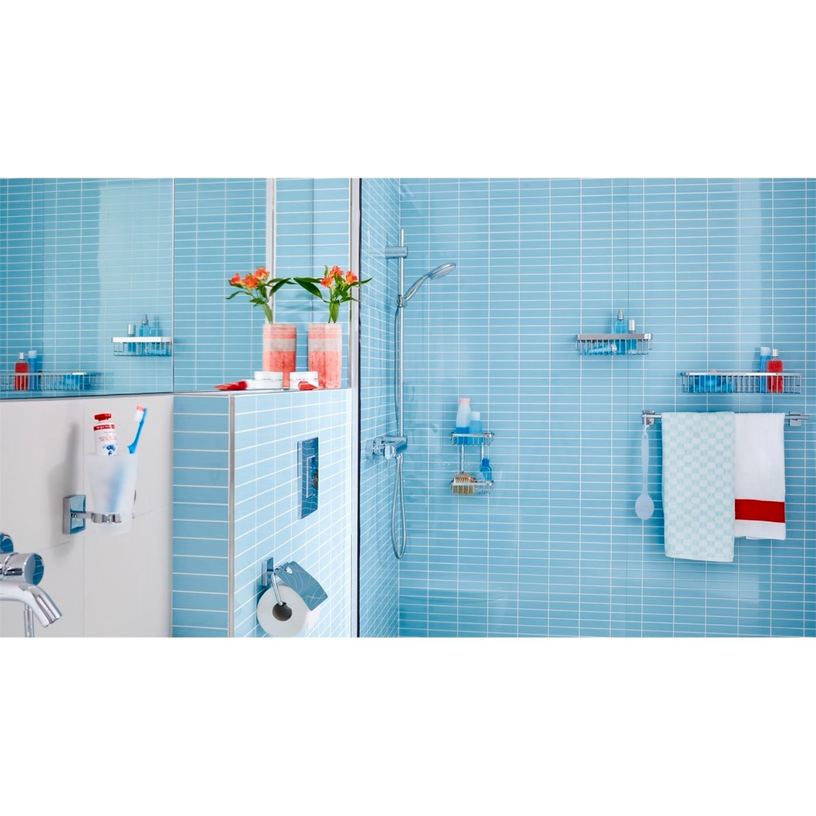 tesa Aluxx Bathroom Storage Basket Wide Shower Caddy Rack Wall Organiser, Chrome