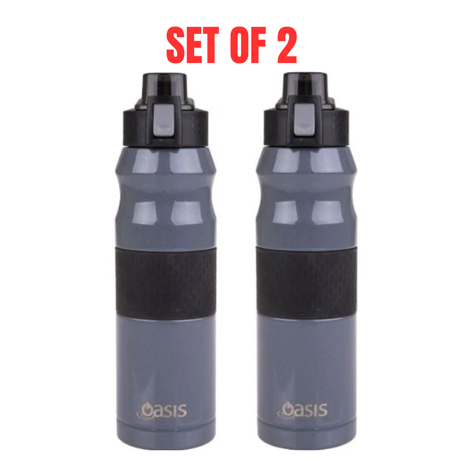 2 x Oasis Insulated Sports Bottle Flip-Top Lid Stainless Steel 600ml - Charcoal Grey