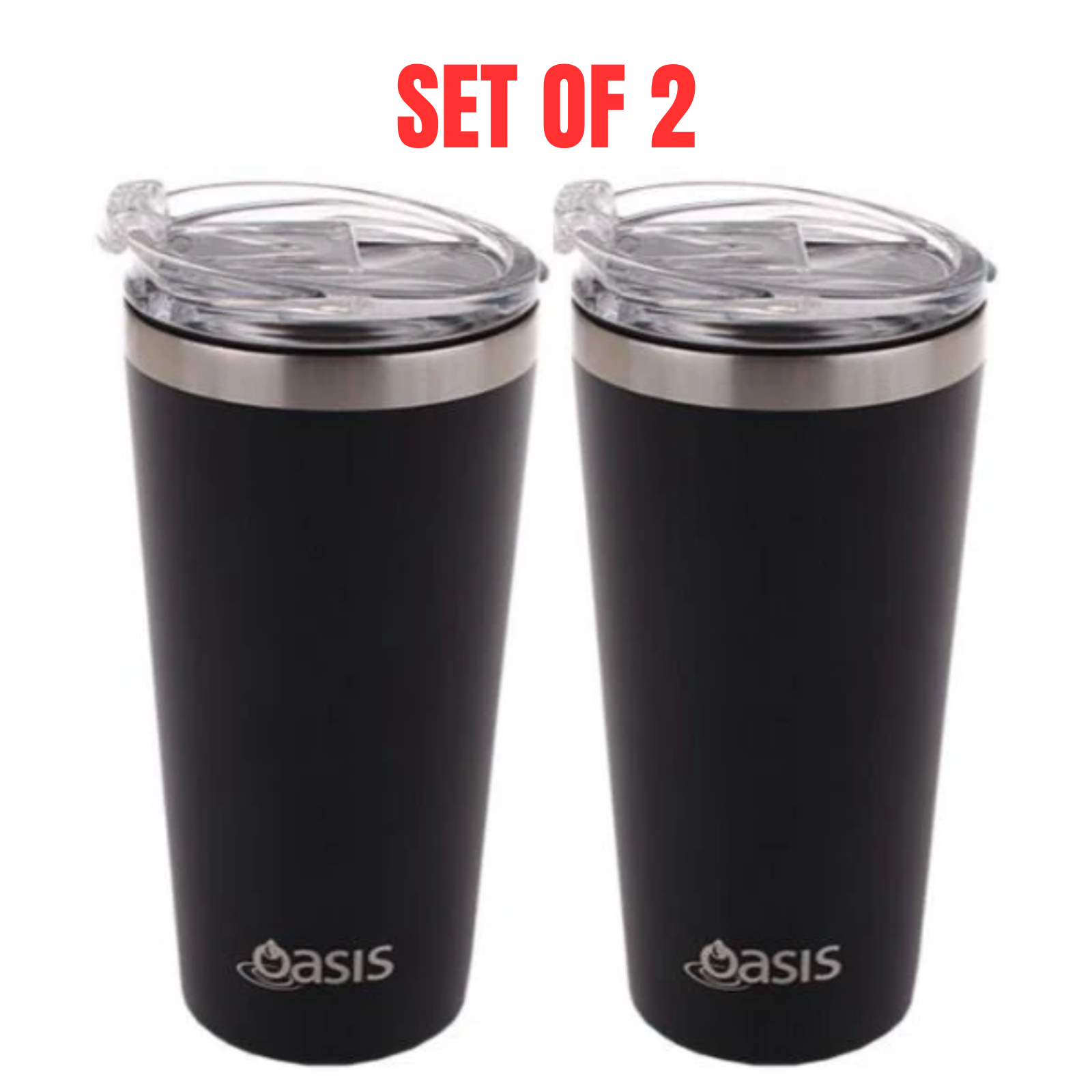 2 X Oasis Insulated Travel Double Wall Mug 480ml W/ Lid Coffee Cup - Matte Black