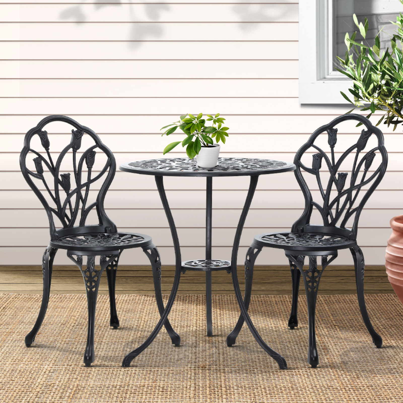 Gardeon 3 Piece Outdoor Setting Bistro Table & Chairs Patio Cast Aluminium Black