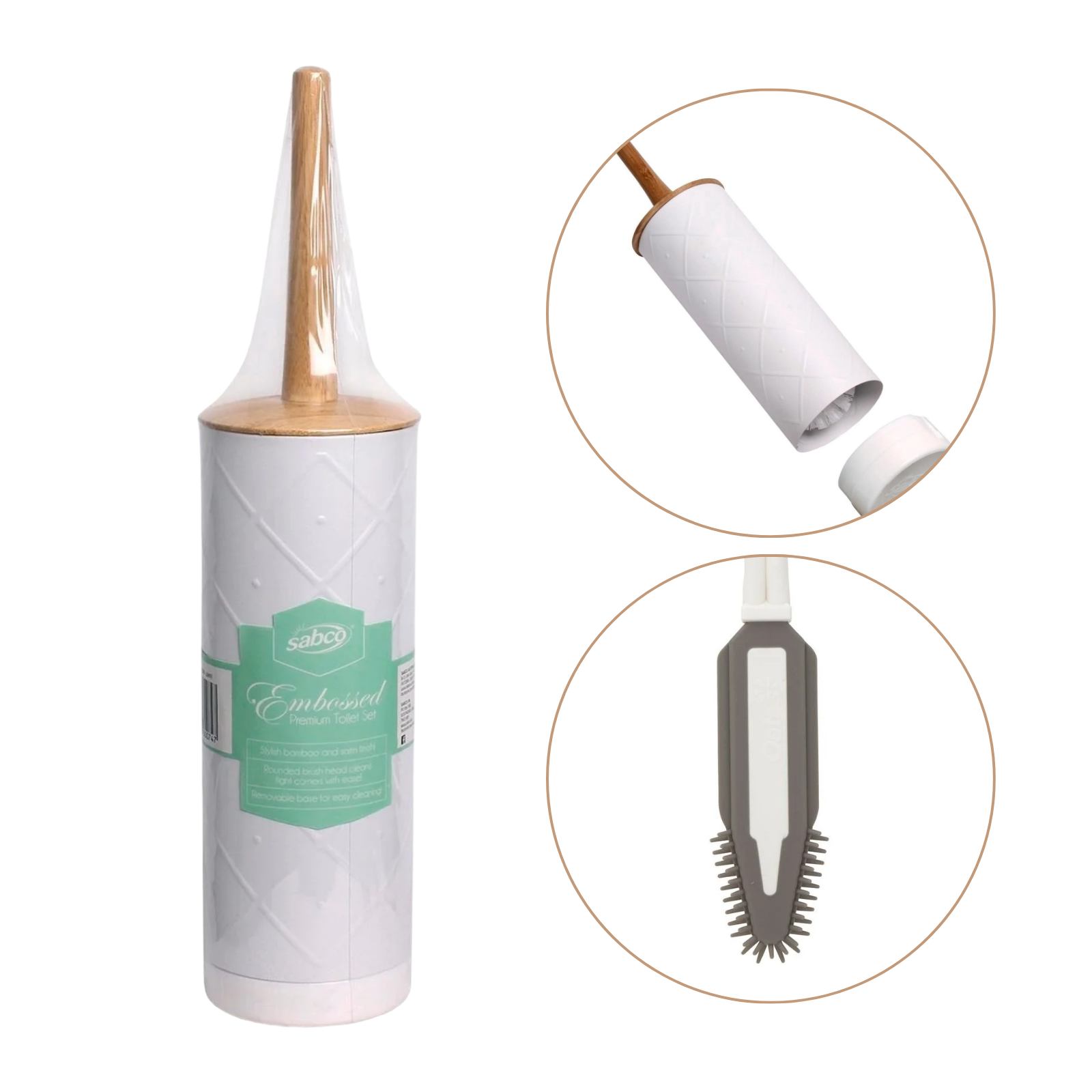 Bathroom Toilet Brush & Holder With Bamboo Handle Cleaning Bowl Tool Set - White