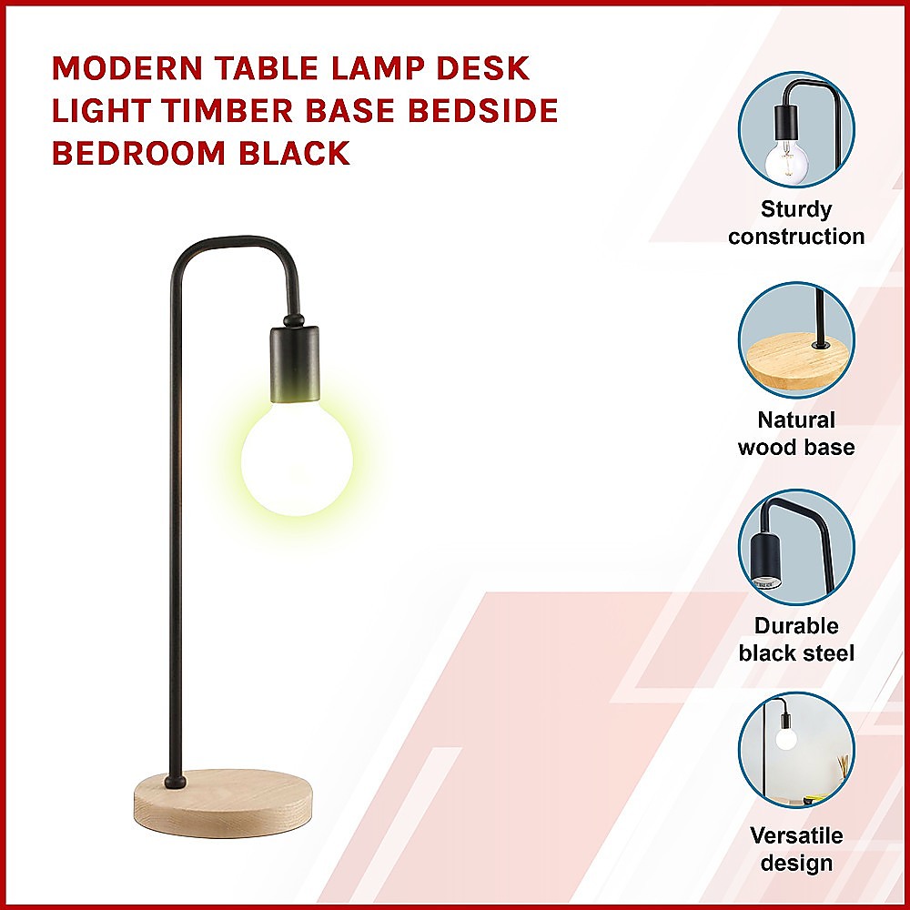 Table Lamp Timber Base Modern Bedside Bedroom Lamps Reading Desk Light - Black