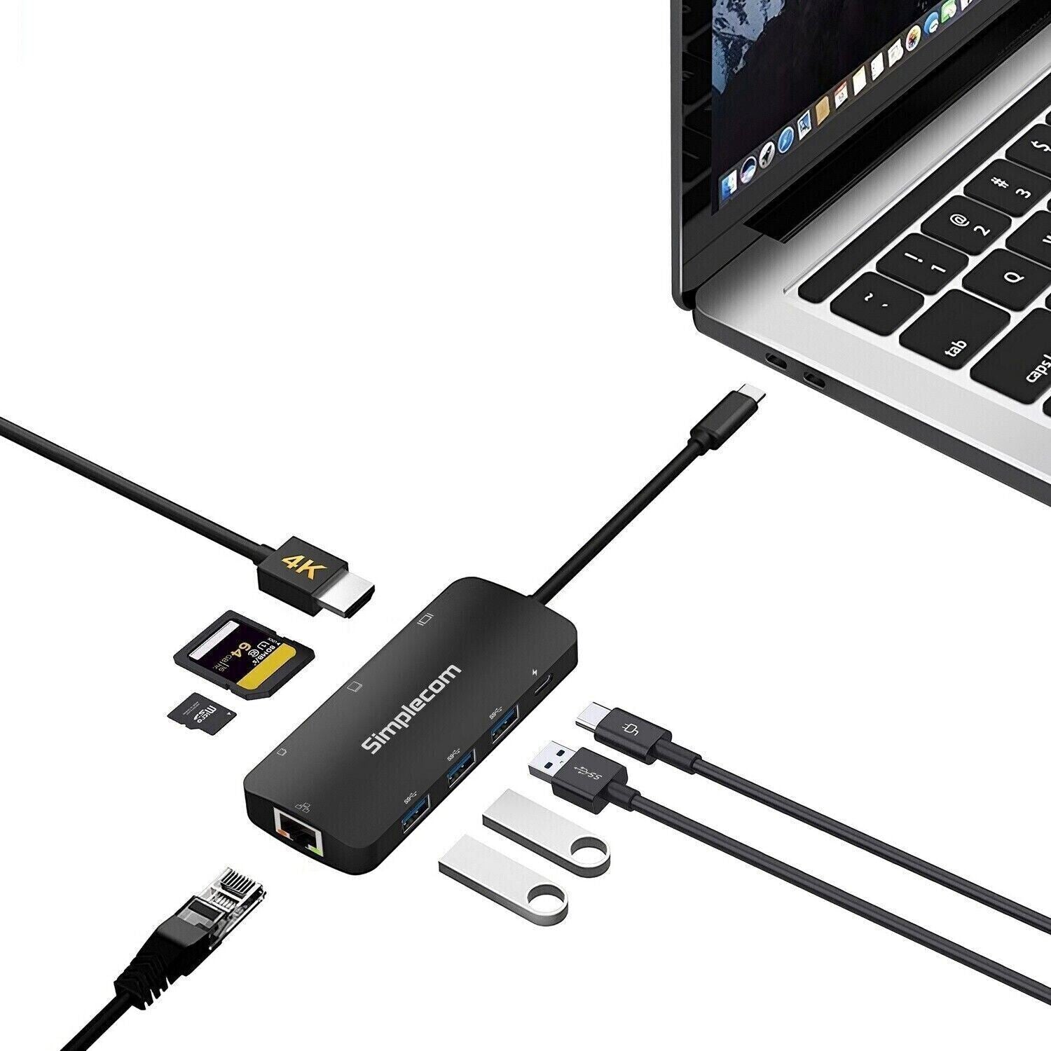 Simplecom CHT580 USB-C SuperSpeed 8-in-1 Multiport Hub Adapter HDMI 2.0 Docking