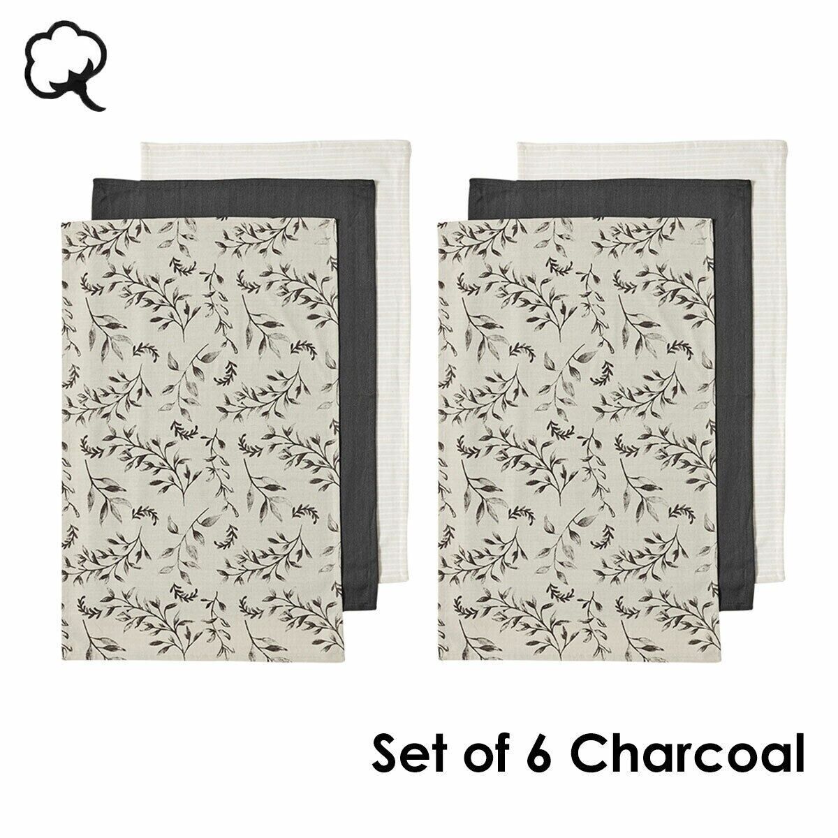 Ladelle Grown Ivy Set of 6 Cotton Kitchen Towels Charcoal