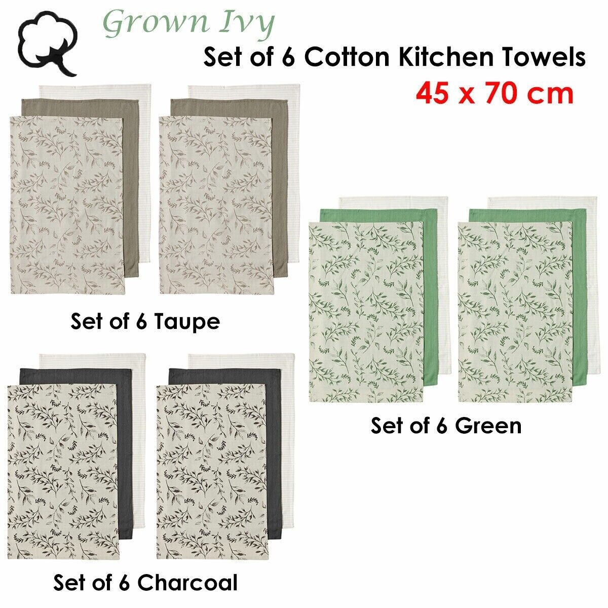 Ladelle Grown Ivy Set of 6 Cotton Kitchen Towels Charcoal
