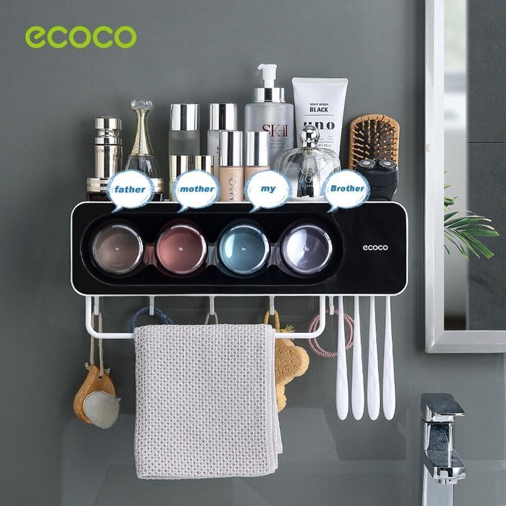 Ecoco Wall-Mounted Toothbrush Holder with 4 Cups and 4 Toothbrush Slots Toiletri