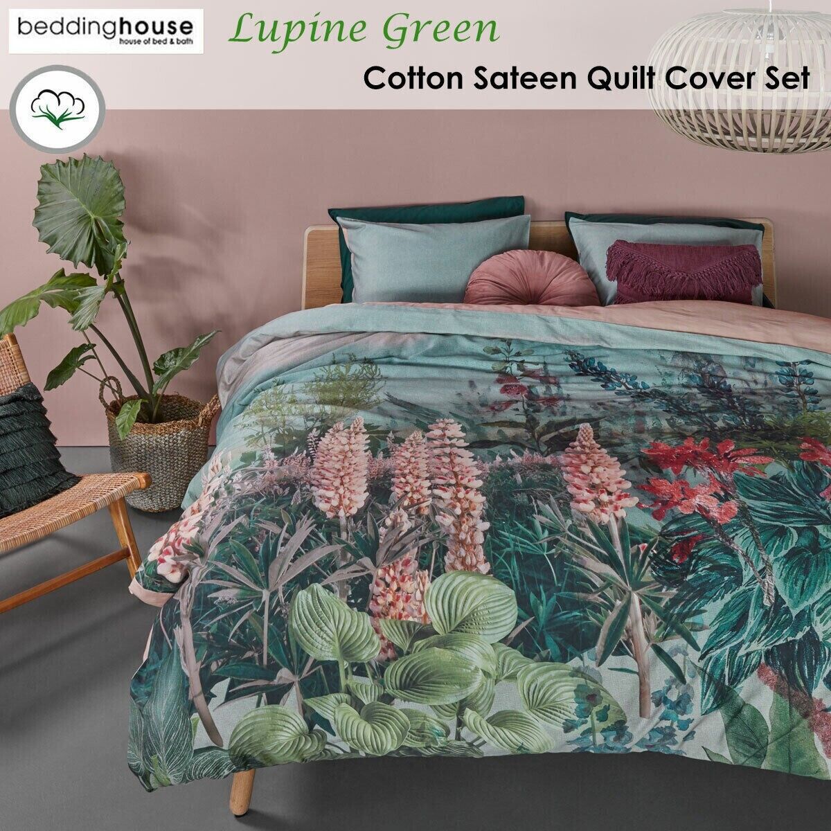 Bedding House Lupine Cotton Sateen Quilt Cover Set King Green