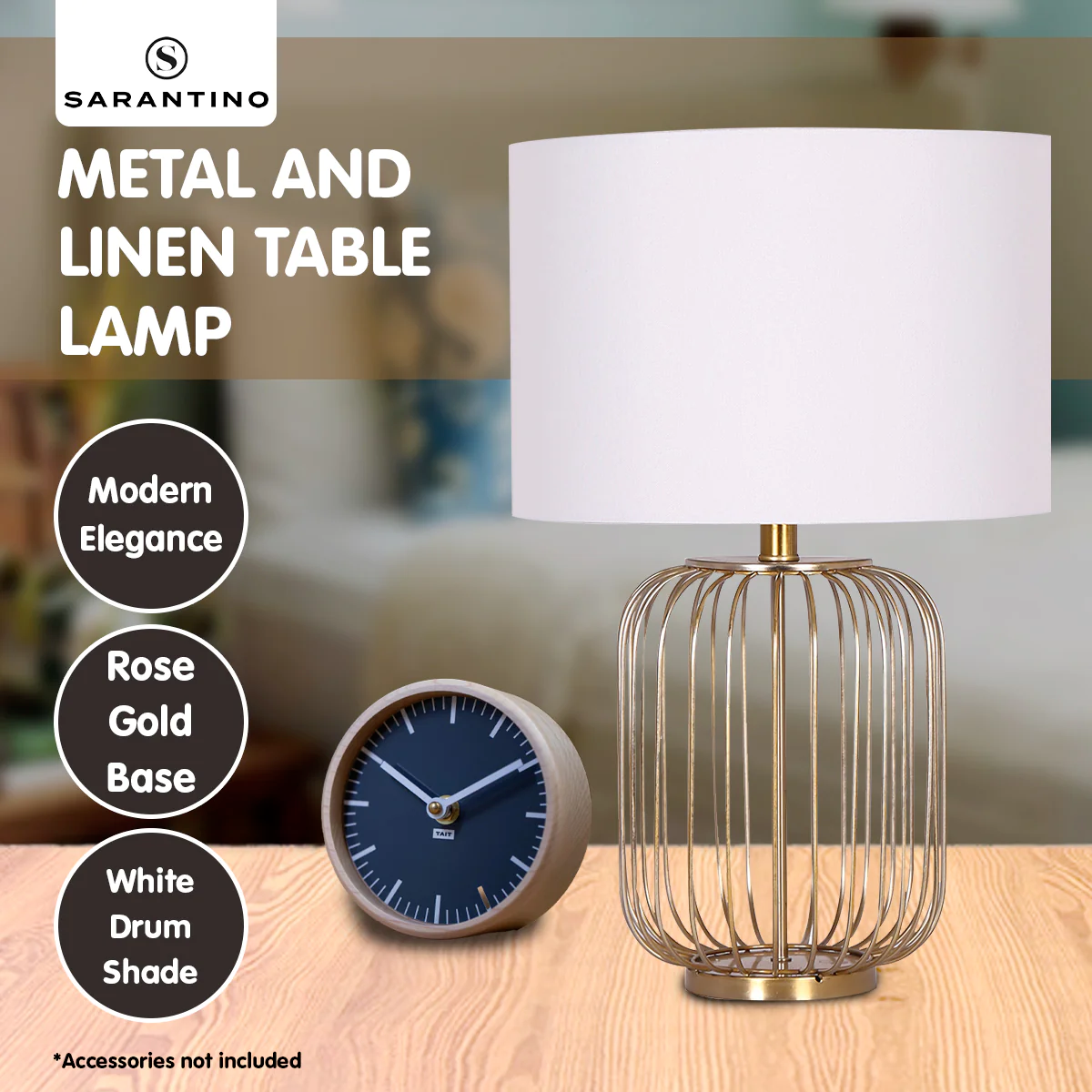 Sarantino Rose Gold Table Lamp with Linen Drum Shade