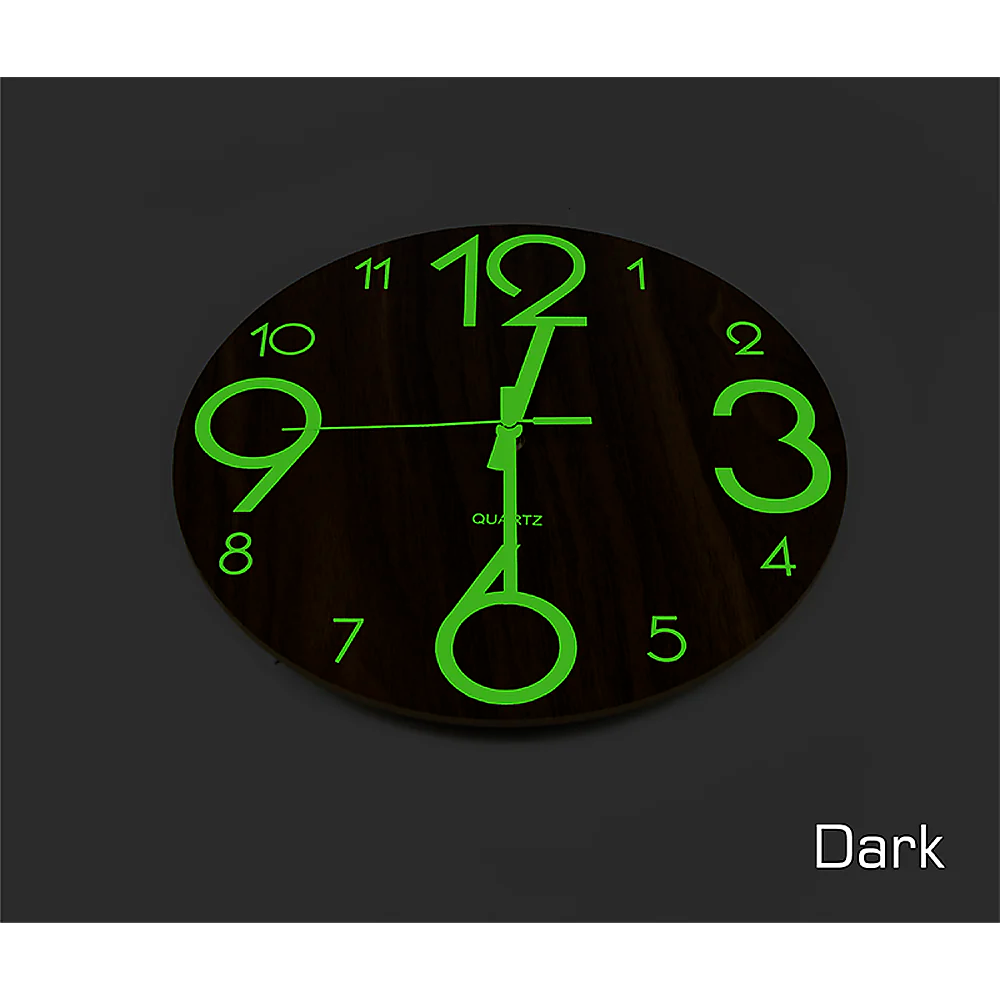 Glow In Dark Wall Clock Luminous Quartz Wooden Non Ticking Home Decor 12''/30cm