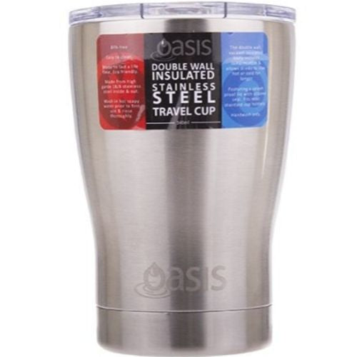 2 X Insulated Travel Double Wall Cup With Lid Stainless Steel Oasis 340ml Silver
