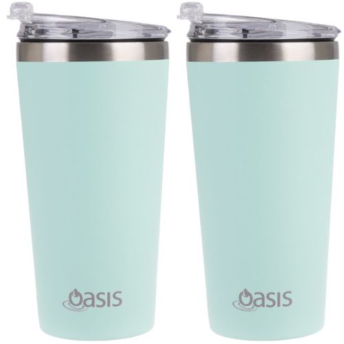 2 X Oasis Insulated Travel Double Wall Mug 480ml With Lid Coffee Cup - Mint