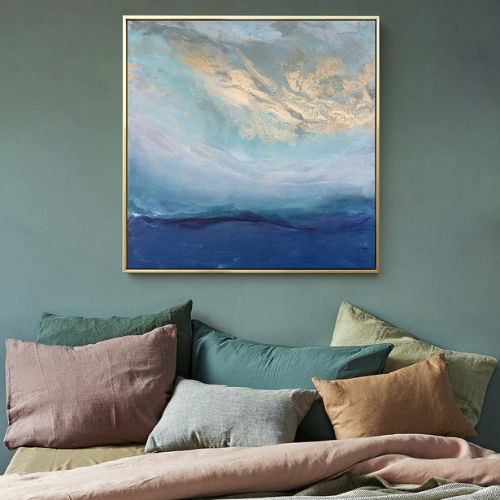 Abstract Gold Blue Square Size Gold Frame Canvas Wall Art Painting 70cmx70cm