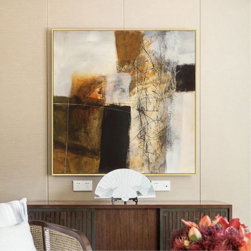 Abstract Gold Brown Painting Style Gold Frame Canvas Wall Art 70cmx70cm