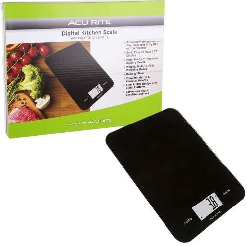 Acurite Large Slim Line Glass Digital Kitchen Food Measure Scale 1g/8kg Black