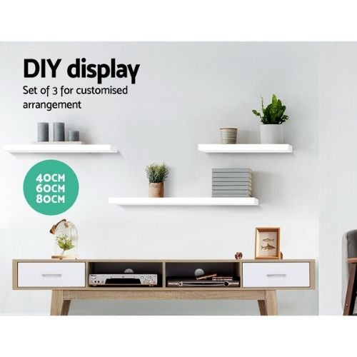 Artiss 3 Pcs Wall Floating Shelf Set DIY Mount Storage Book Display Rack - White