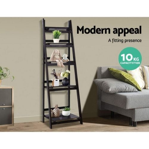 Artiss 5 Tier Ladder Shelf Wooden Bookshelf Storage Rack Display Stand - Coffee