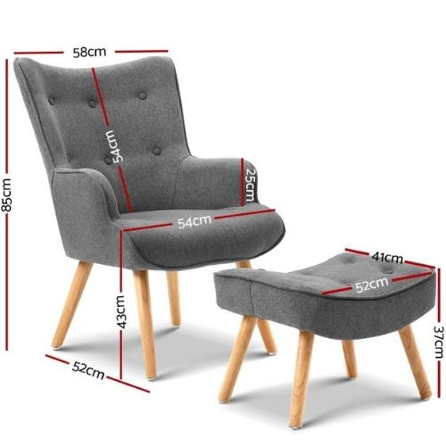 Artiss Armchair & Ottoman Fabric Lounge Chair w/ Footstool Modern Sofa - Grey