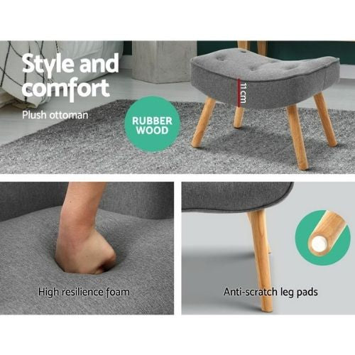 Artiss Armchair & Ottoman Fabric Lounge Chair w/ Footstool Modern Sofa - Grey