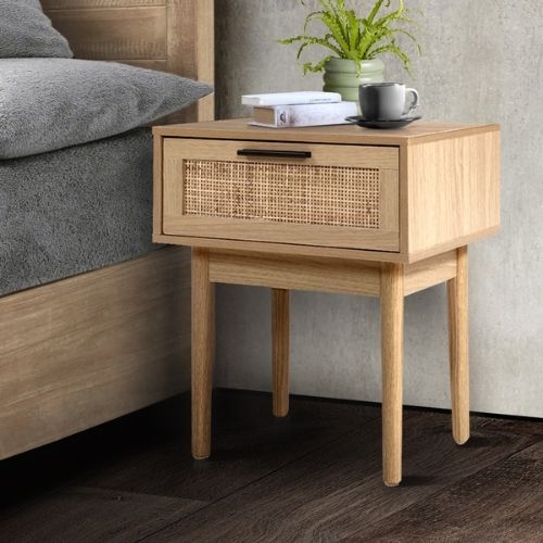 Artiss Bedside Table Nightstand Side Tables 1 Drawer Rattan Wood Storage Cabinet