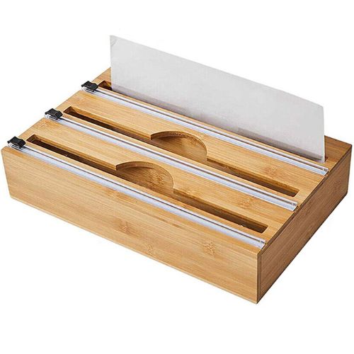 Bamboo Food Wrap Dispenser with Slide Cutter, Cling Film Foil Storage Holder Box