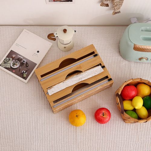 Bamboo Food Wrap Dispenser with Slide Cutter, Cling Film Foil Storage Holder Box