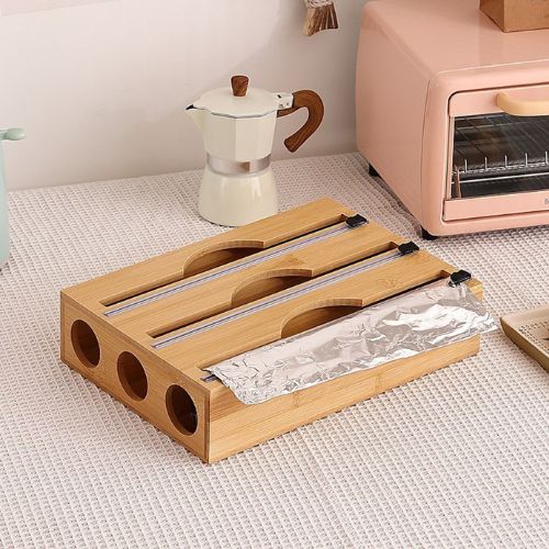Bamboo Food Wrap Dispenser with Slide Cutter, Cling Film Foil Storage Holder Box
