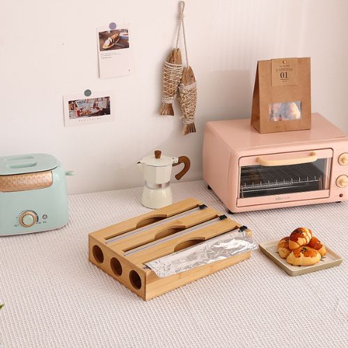 Bamboo Food Wrap Dispenser with Slide Cutter, Cling Film Foil Storage Holder Box
