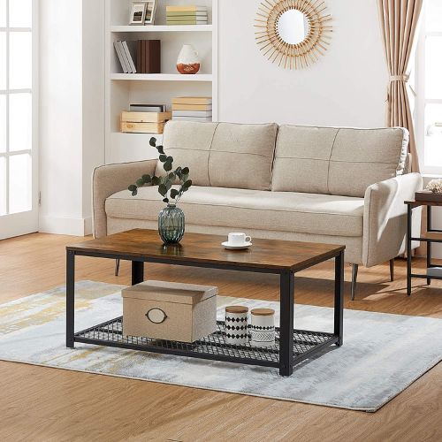 Coffee Table with Metal Frame Open Shelf Storage for Living Room - Rustic Brown